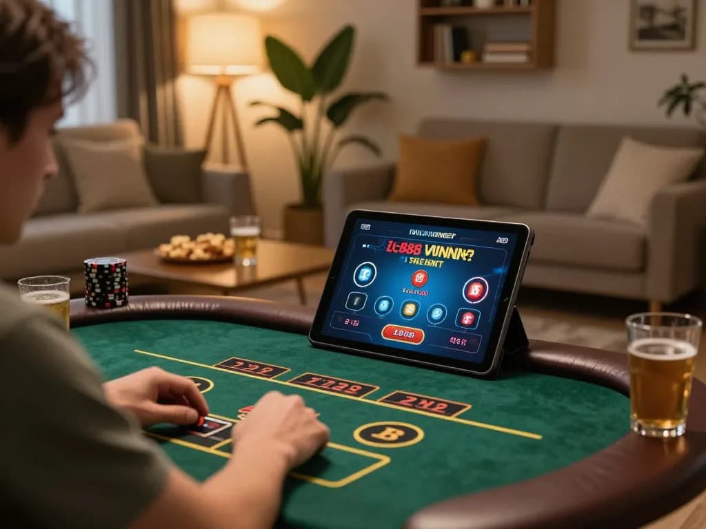 Engaging player at home exploring live dealer games at https://lc88pro.com, showcasing strategic online gambling.