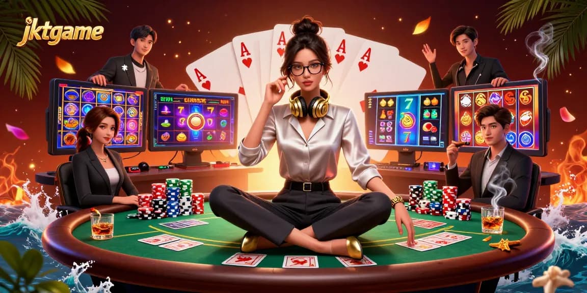Putar gulungan slot jktgame untuk kesempatan mendebarkan meraih hadiah besar dalam ilustrasi kasino yang berwarna-warni ini.