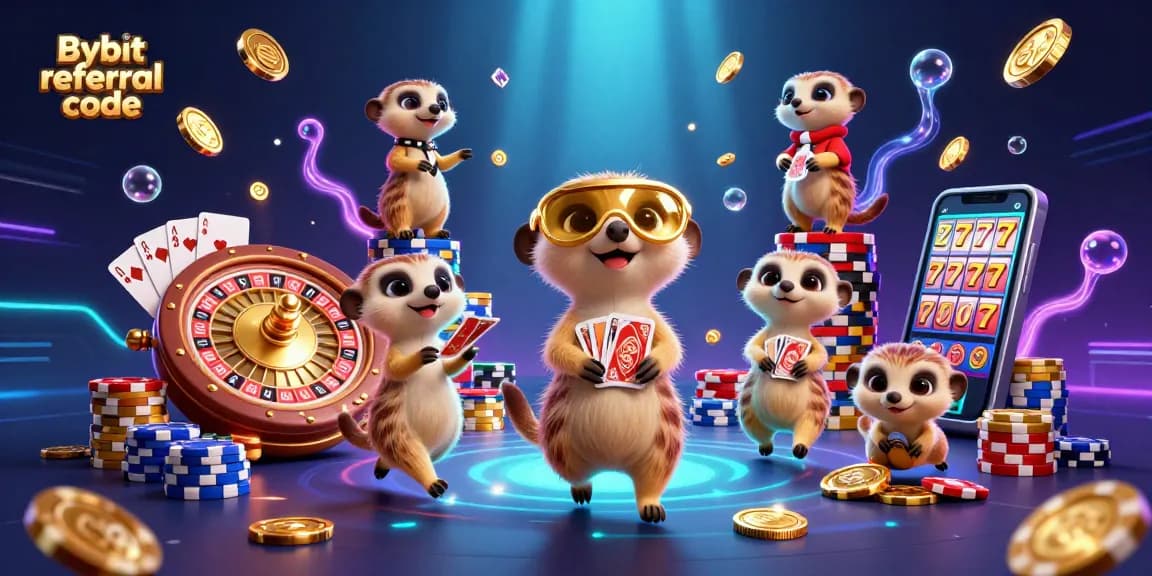 Engage with Bybit referral code in this lively scene showcasing meerkats managing a vibrant casino operation.