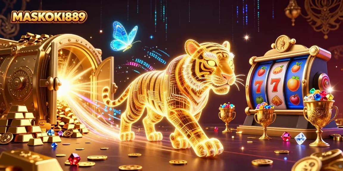 Experience the vibrant thrills of MASKOKI889 with a stunning casino scene featuring the golden tiger.