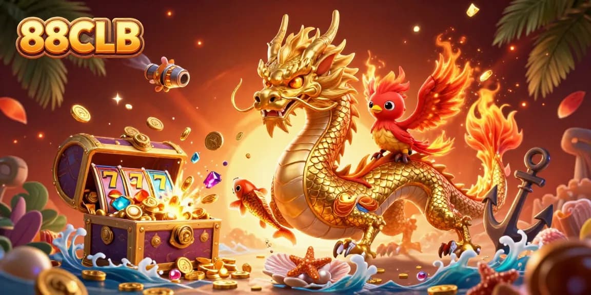 Win big with 88CLB in this dynamic 3D casino scene featuring vibrant gaming elements and mythical creatures.