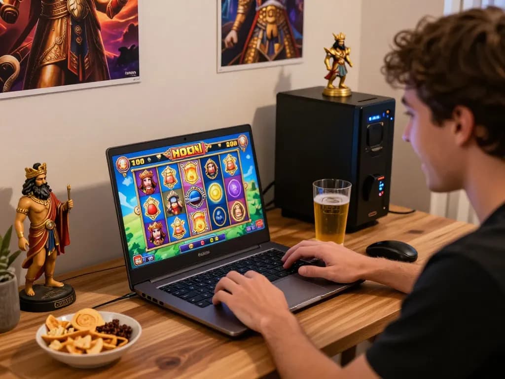 Engaged player enjoying slot hoki game on a laptop with Zeus-themed visuals and snacks.