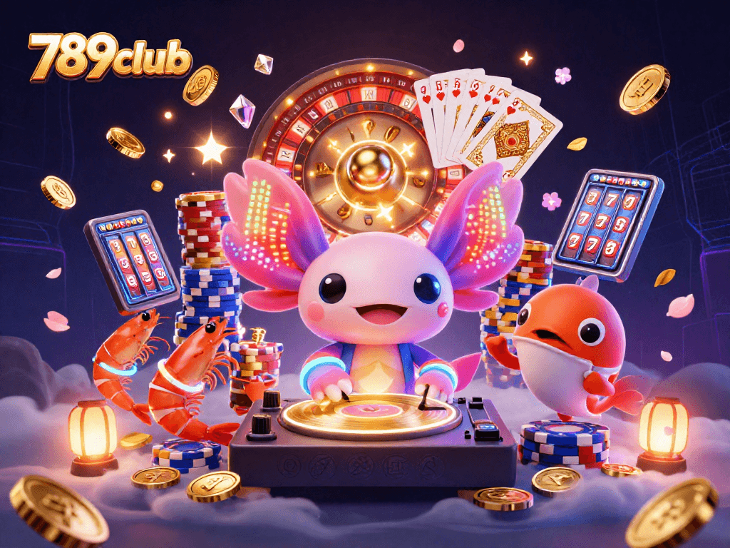 Engage with the 789club experience, featuring vibrant neon casino characters and gaming elements.