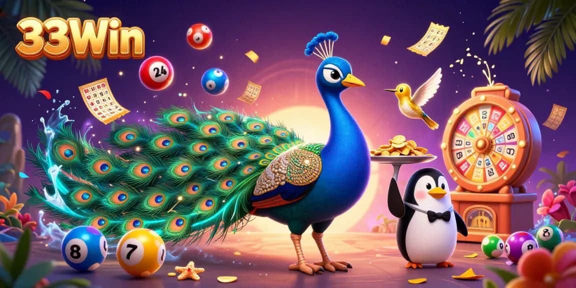 Win exciting games at 33Win with vibrant visuals of a peacock, penguin, and hummingbird.