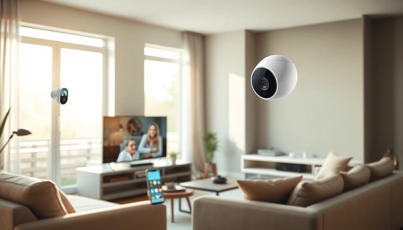 Cámaras Ezviz mejorando la seguridad del hogar en una elegante sala de estar.