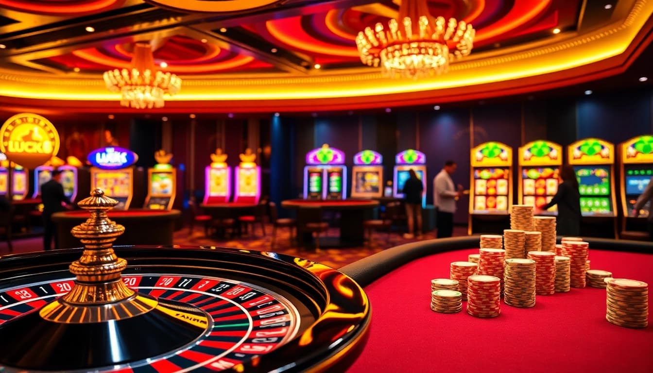 Players engaging with vibrant casino games like poker and roulette, representing LUCK8 in a luxurious setting.