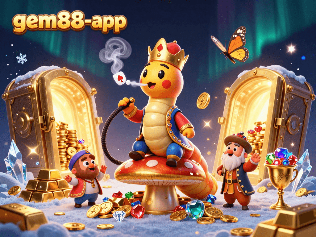 Experience gem88-app's captivating gameplay with a vibrant illustration of casino elements and characters.