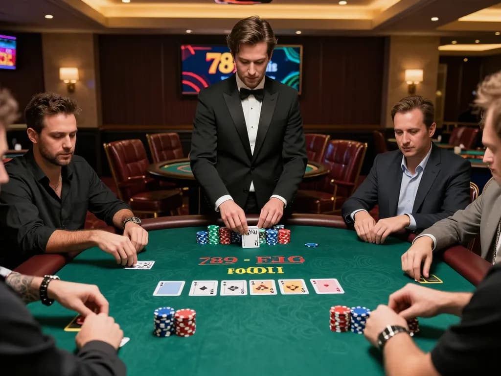 Engaged players strategizing at 789club blackjack table, vibrant casino atmosphere.