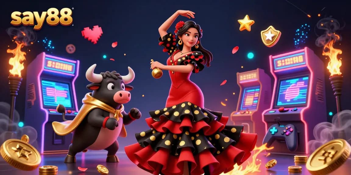 Experience thrilling gaming action with say88, depicting a vibrant casino scene featuring dance and arcade elements.