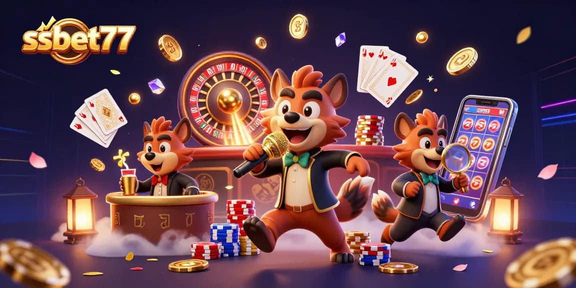 Win big at ssbet77 while enjoying a vibrant 3D casino atmosphere with animated hyenas.
