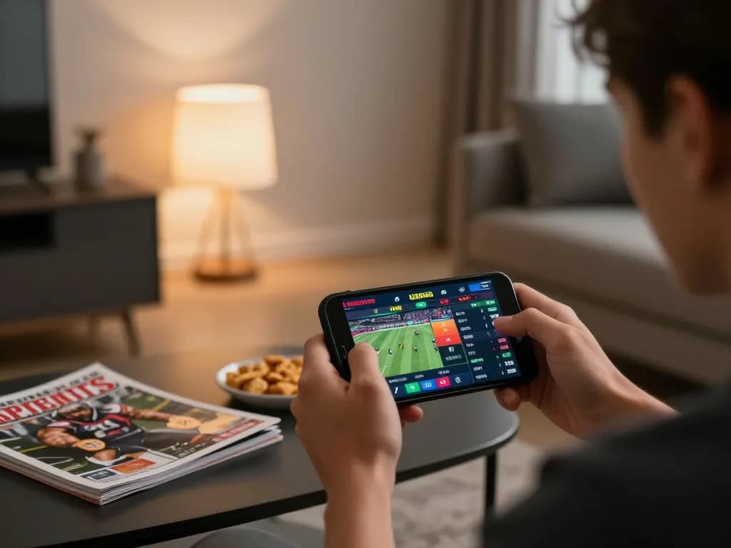 Person engaging in sports betting on smartphone, demonstrating strategic decisions with da88gg interface.