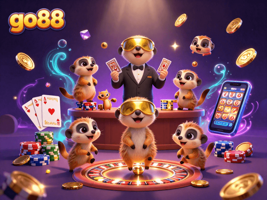 Experience the thrilling excitement of go88 with animated meerkats running a vibrant casino.