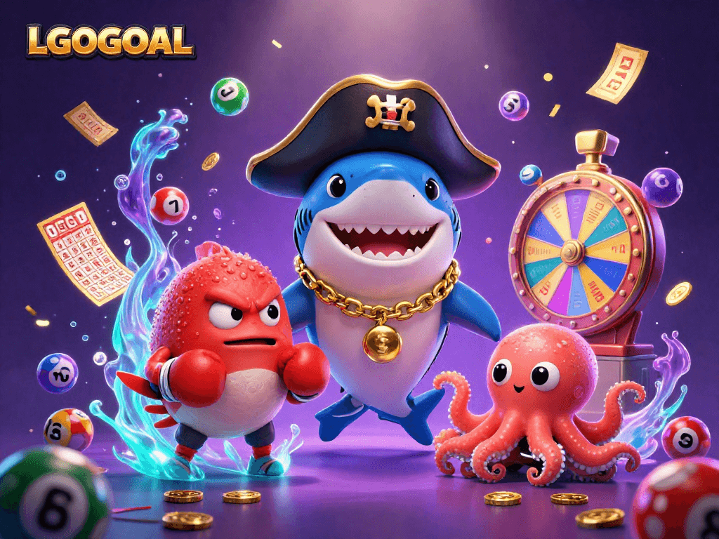 Engage with LGOGOAL's vibrant lottery scene featuring animated characters amidst colorful game elements.