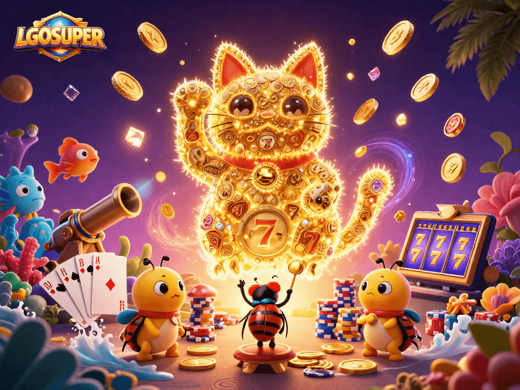Join the excitement at LGOSUPER through a vibrant illustration of a golden lucky cat, sea creatures, and casino elements.