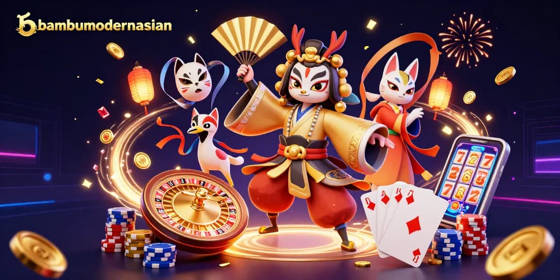 Bambumodernasian showcases vibrant 3D casino action with kabuki characters and rich gaming elements.