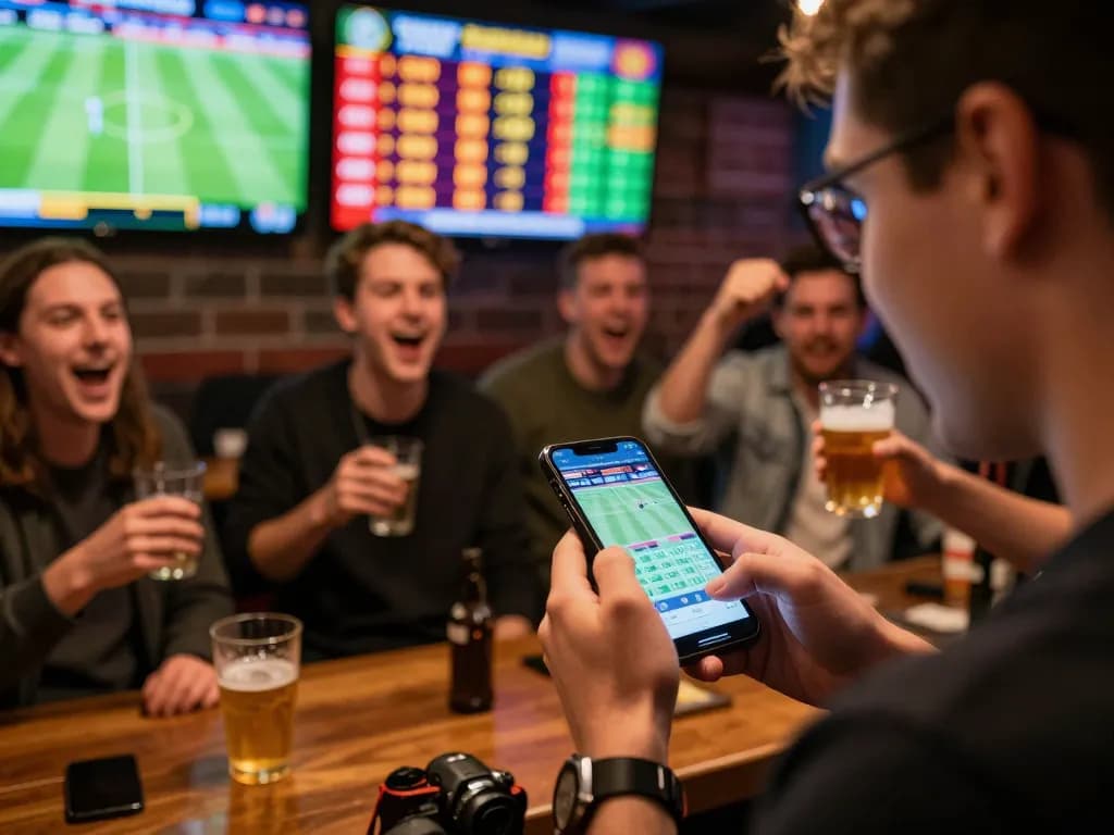 Soi kèo nhà cái action with friends engaged in live sports betting, cheering and using a smartphone.