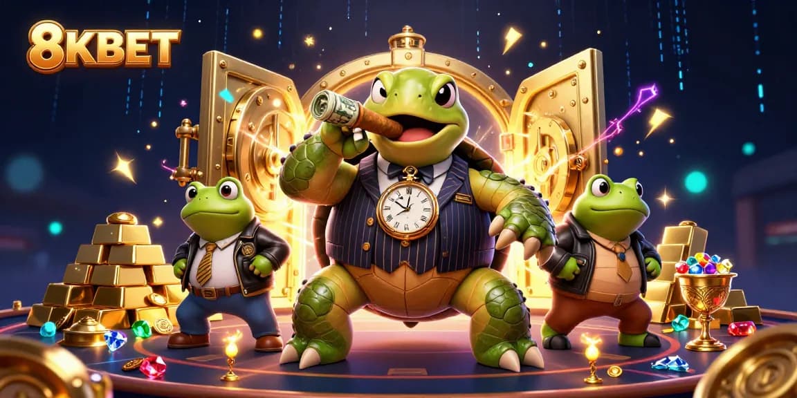 Join the excitement at 8KBET with a dynamic scene showcasing a massive snapping turtle and bullfrog enforcers amidst treasures and casino lights.