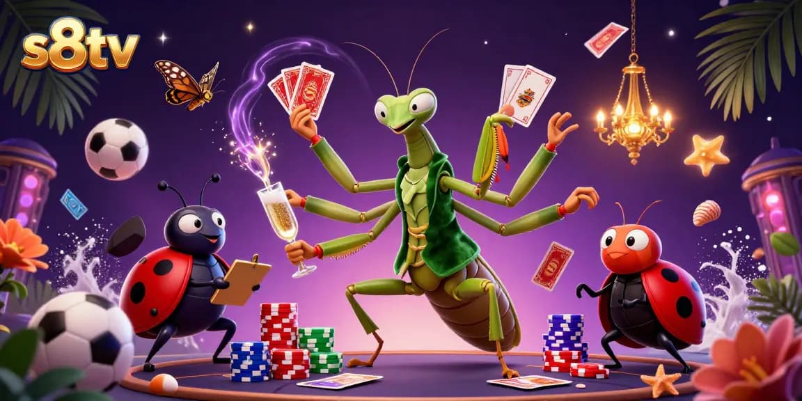 S8TV sports betting scene showcasing a giant mantis card sharp managing bets, exuding excitement.