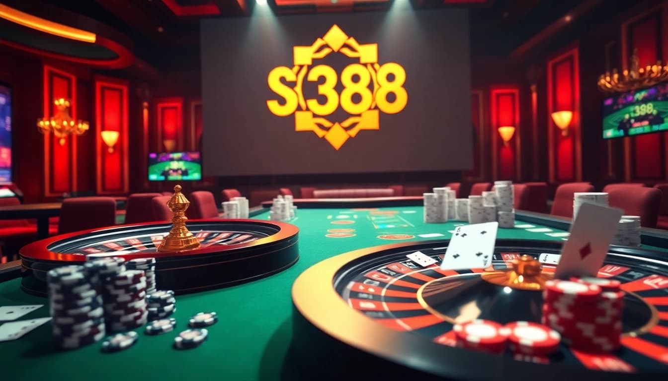 Experience the thrilling atmosphere of SV388 casino with poker chips and roulette wheel