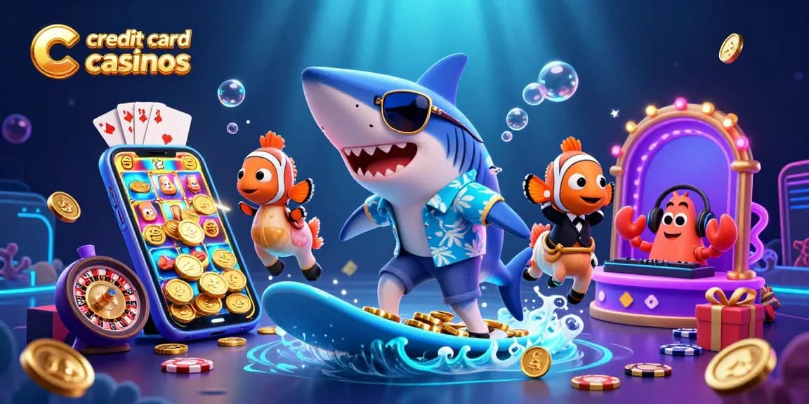 Experience thrilling action at credit card casinos with a shark surfing gold coins and gaming elements.