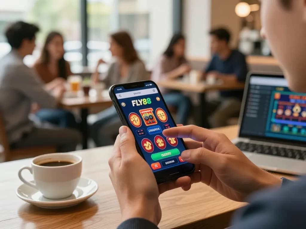 Engaging mobile gaming moment with FLY88 app displayed on smartphone in a lively café setting.