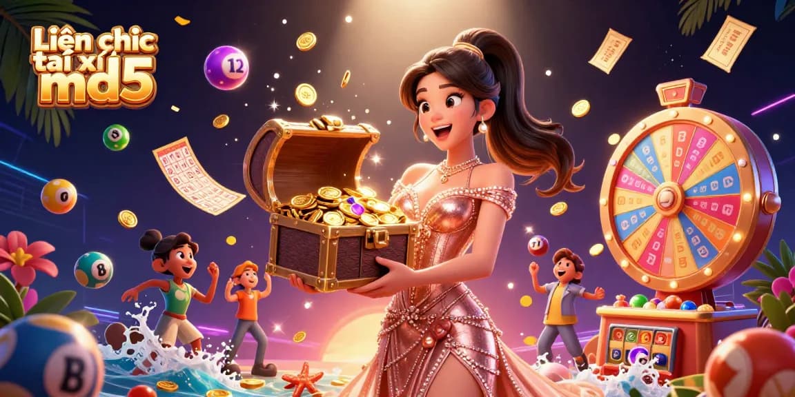 Experience the excitement of Liên hệ Tài xỉu md5 with a treasure chest overflowing with winnings and colorful gambling elements.