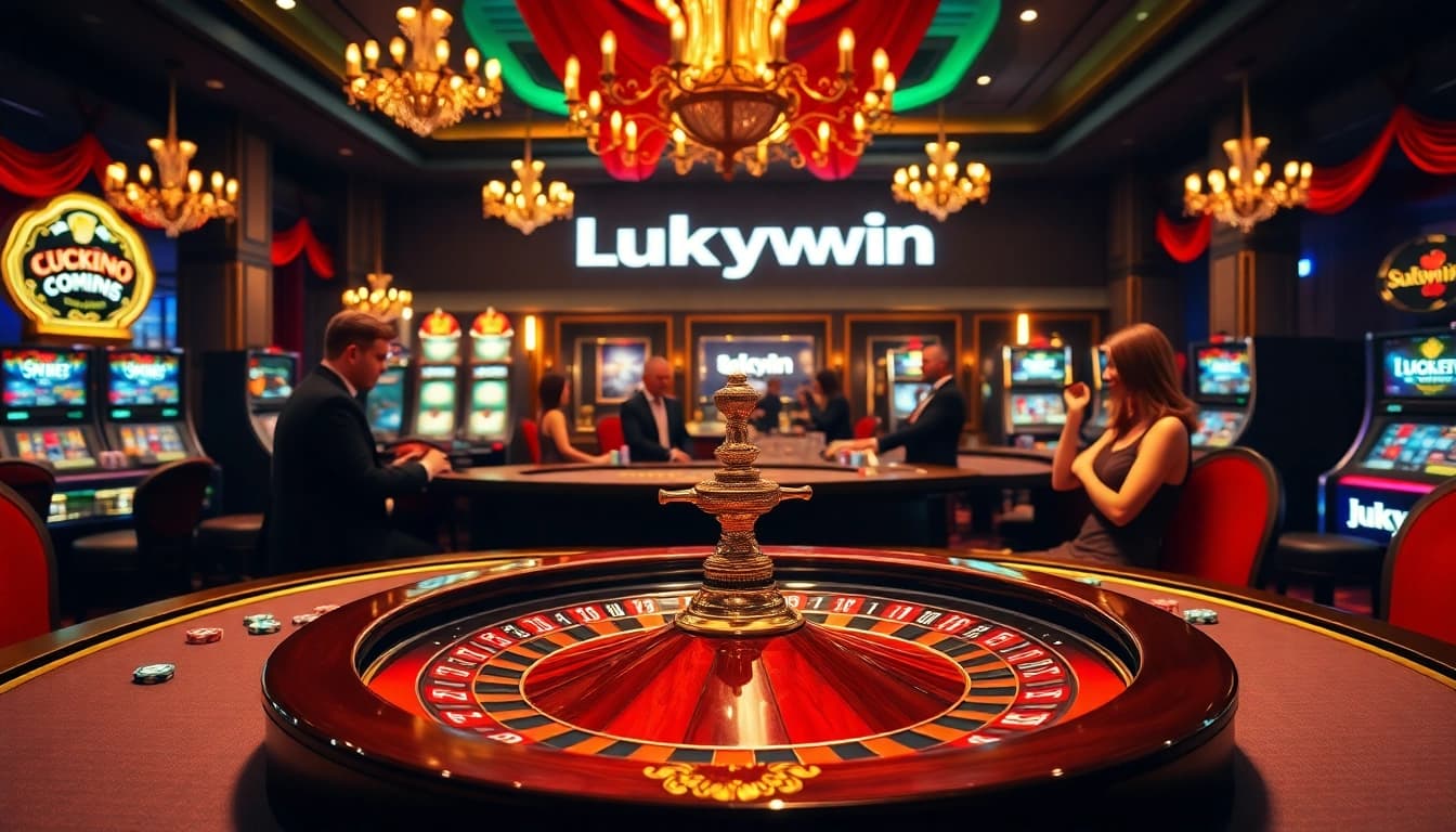 Exciting casino gaming scene at luckywin featuring vibrant roulette wheel and glamorous gamblers