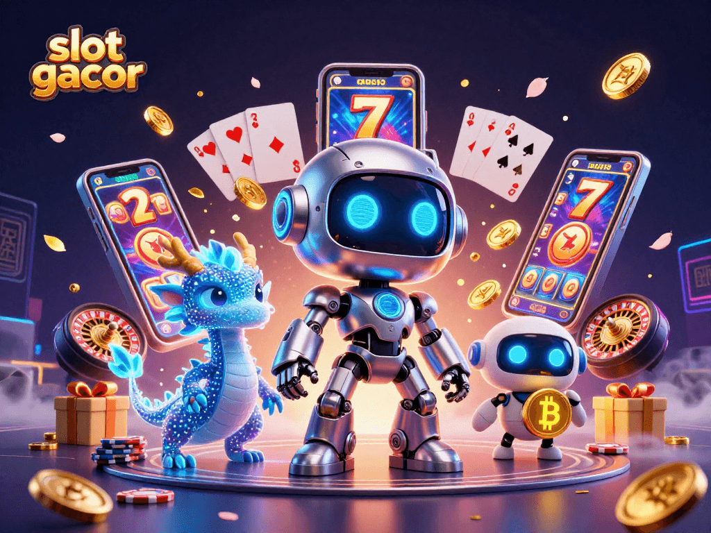 Experience the excitement of slot gacor with a vibrant 3D casino scene featuring slot games and gold coins.