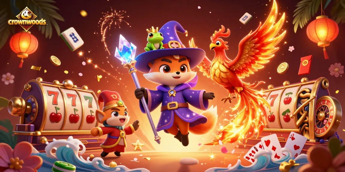 Crownwoods highlights players spinning reels and winning in a vibrant casino scene featuring unique characters and game elements.