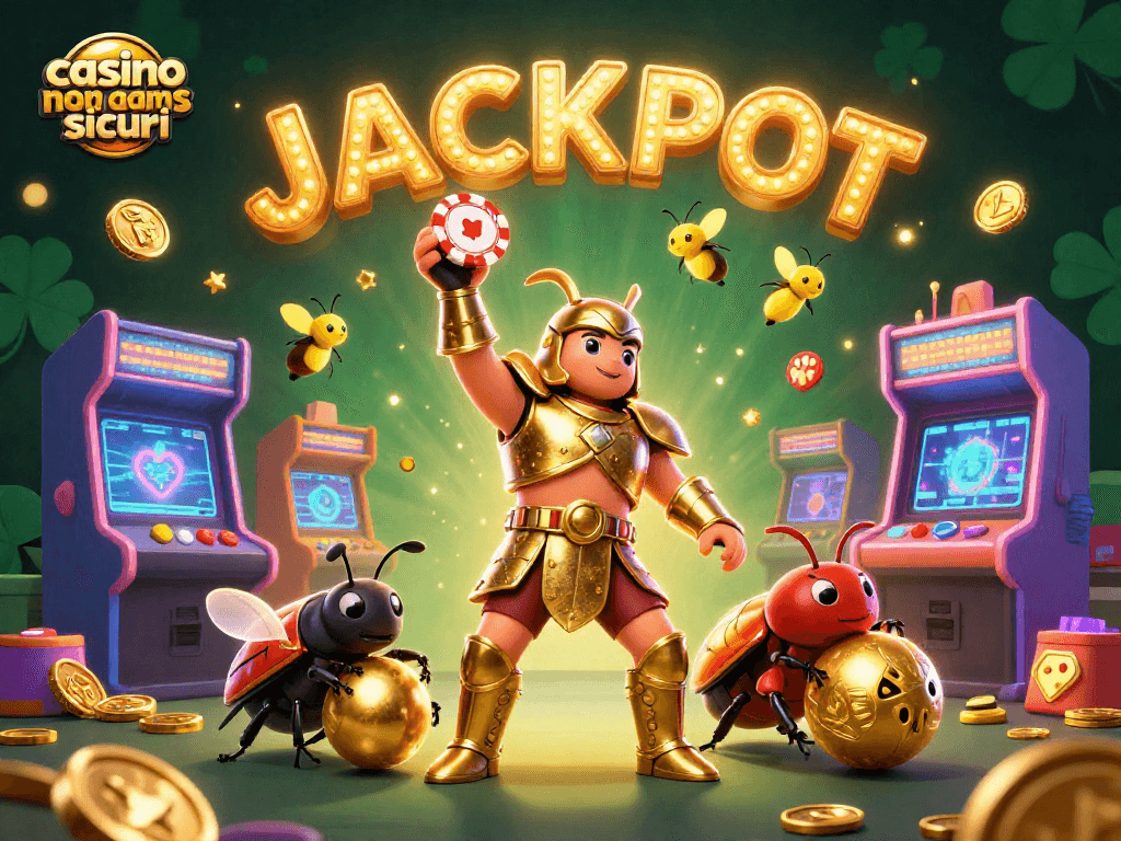 Scopri i casino non AAMS sicuri con l'illustrazione di una scena vivace con un scarabeo in armatura che alza un gettone.