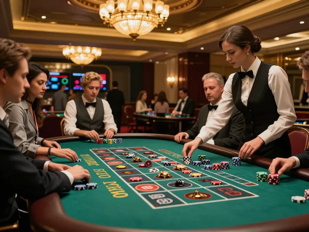 Players engaged at a roulette table in an upscale casino, showcasing the excitement of u888 gaming.