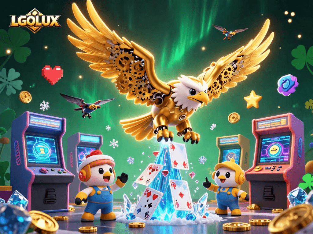 Experience thrilling gameplay with LGOLUX, featuring a cybernetic eagle among holographic cards.