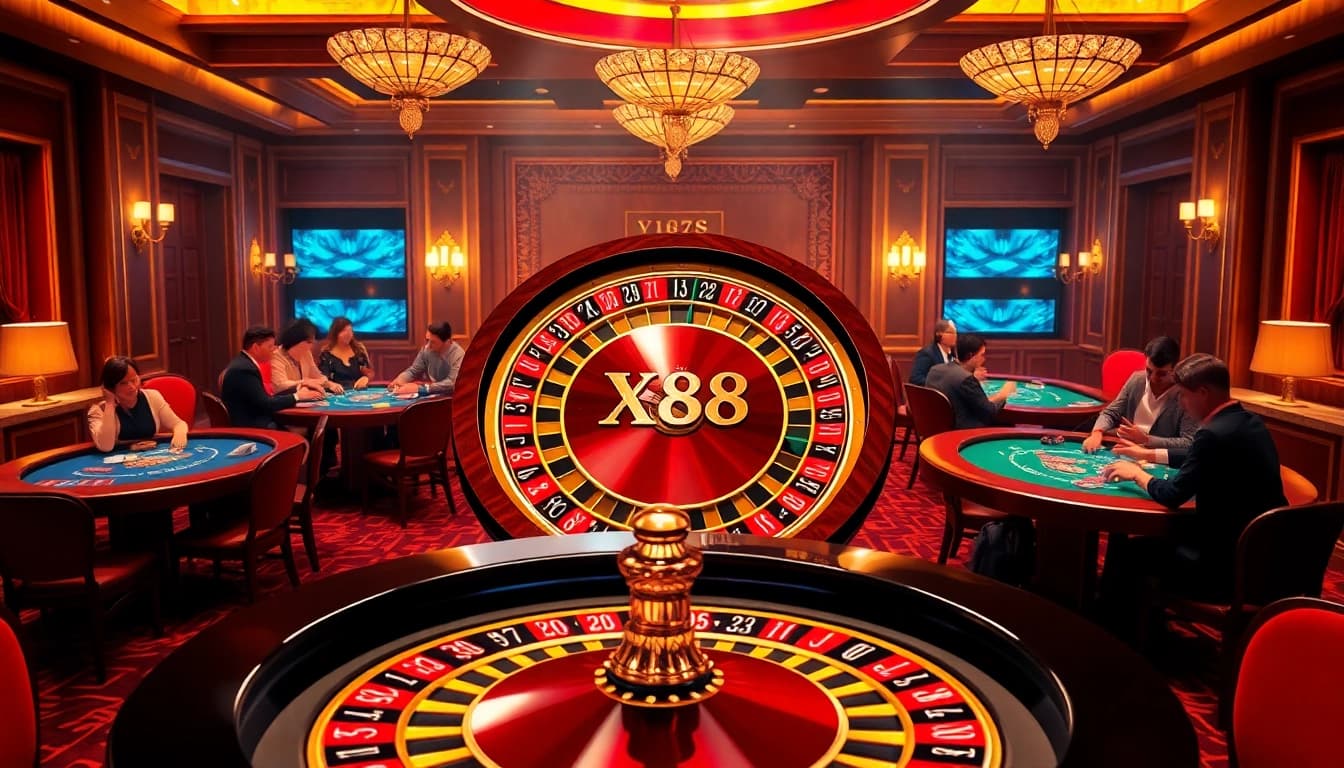 X88 casino atmosphere featuring vibrant roulette wheel and engaged players at tables