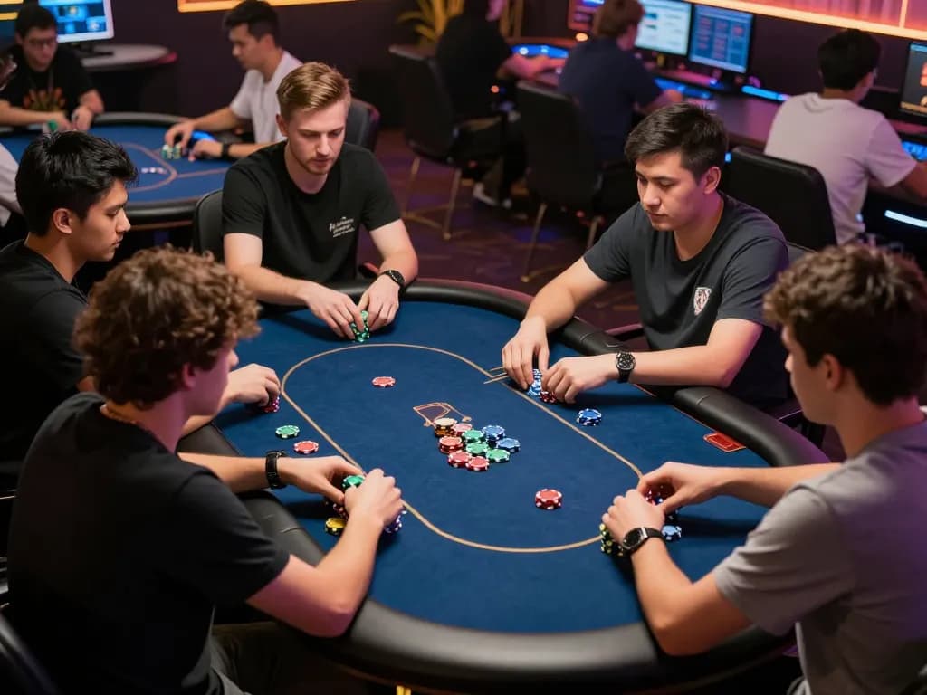 Players engaging in an online poker game at 32win, showcasing vibrant chips and strategic gameplay.