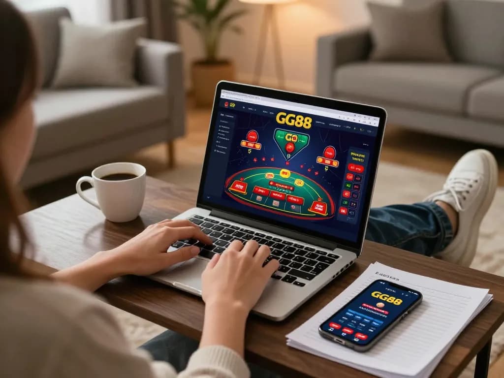 Player engaging with the GG88 casino app on a laptop at home, exemplifying online gaming.
