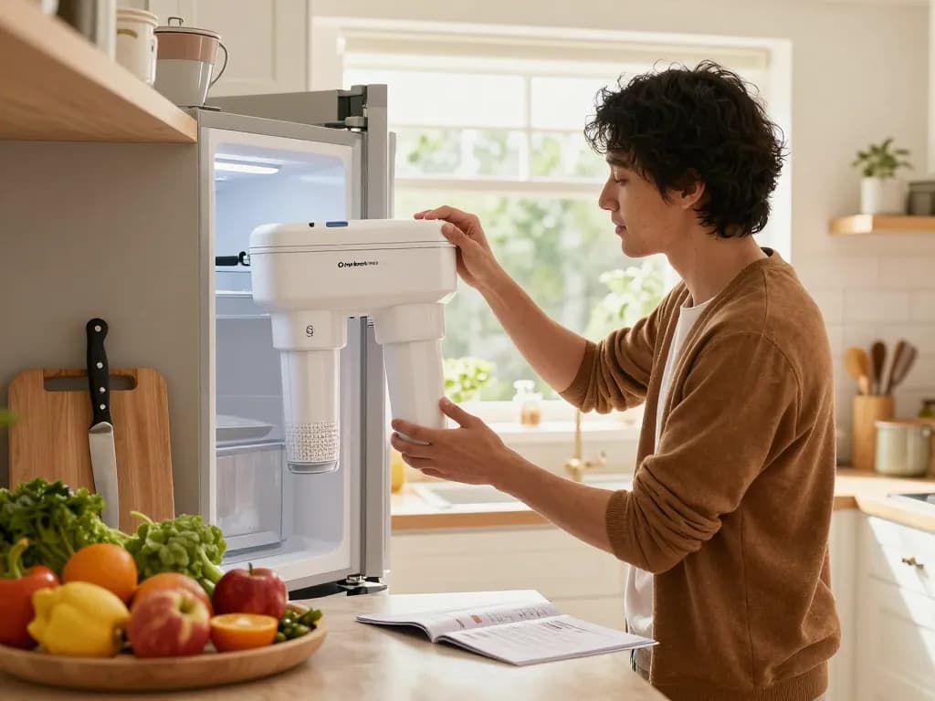 Person installing Overbest OB6013 Replacement for GE® MWF® water filter in a bright kitchen.