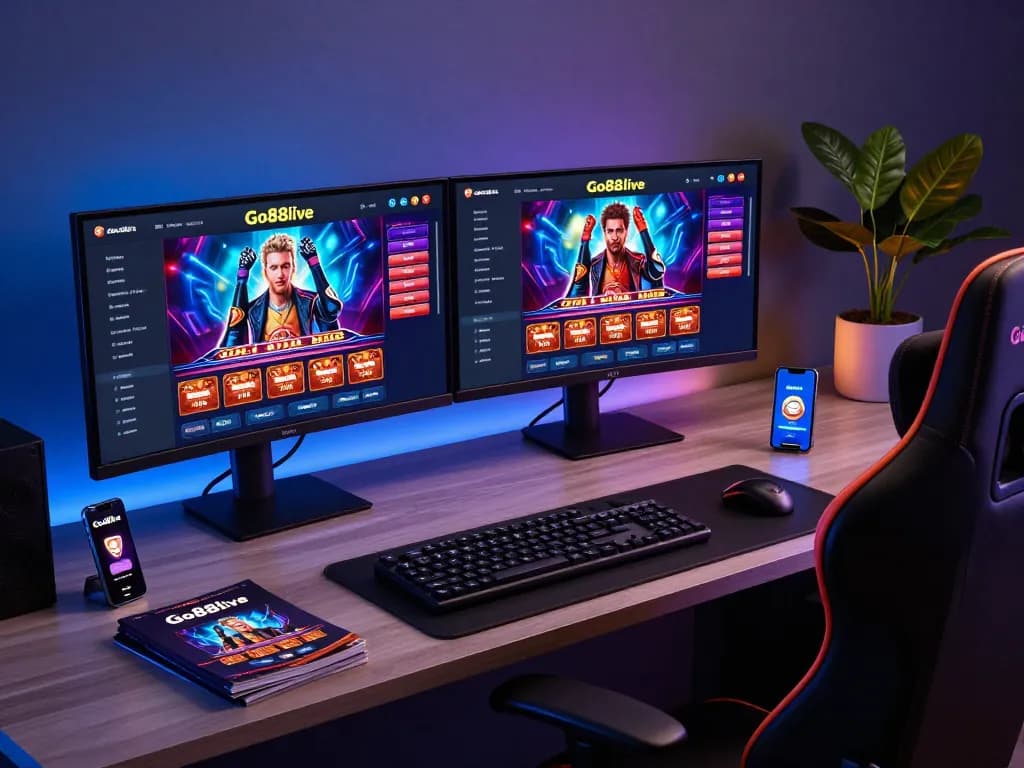 Engaging player using Go88live on dual screens in a stylish gaming setup.