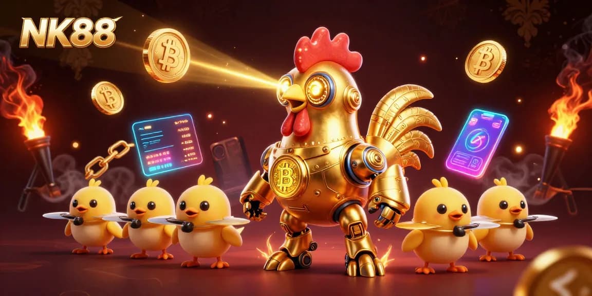 NK88's golden rooster robot symbolizes winning strategies in an advanced digital casino universe.