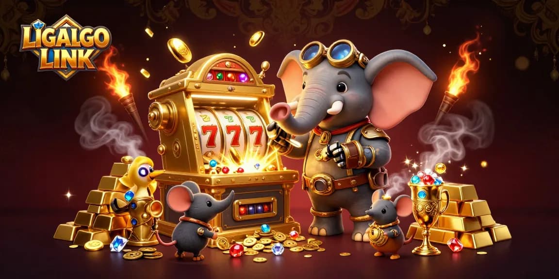 Experience thrilling gameplay with LIGALGO LINK as the steampunk elephant operates a golden slot machine, surrounded by treasures.