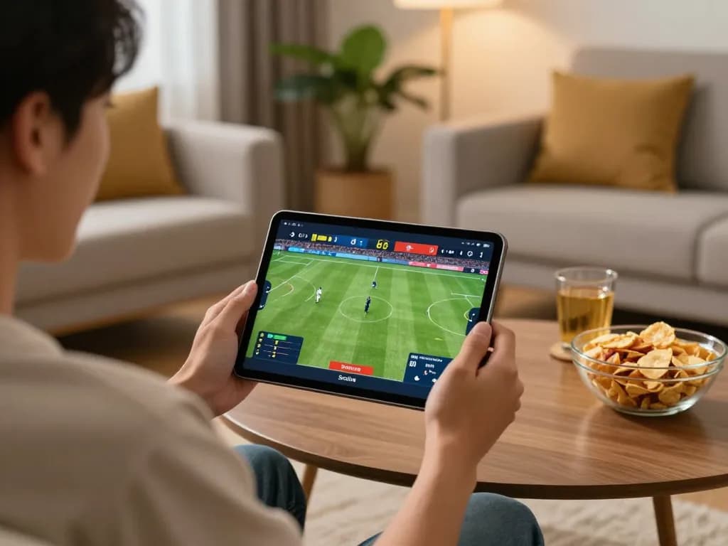Engaging home setup using Socolive for live football streaming on a tablet, cozy atmosphere with snacks and drinks.