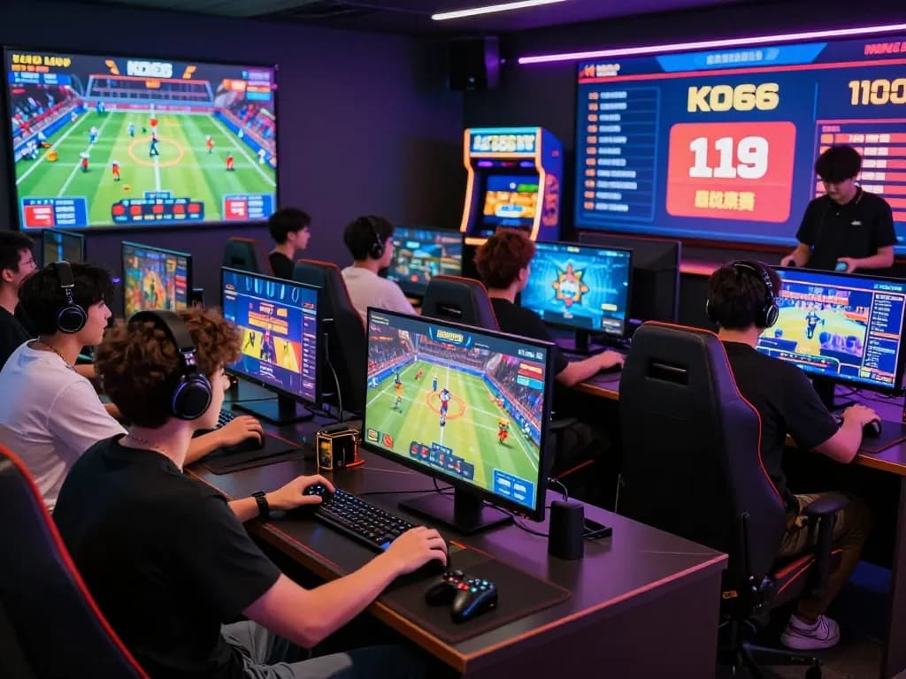 KO66 gaming scene with players engaged in sports betting and live casino, vibrant atmosphere.