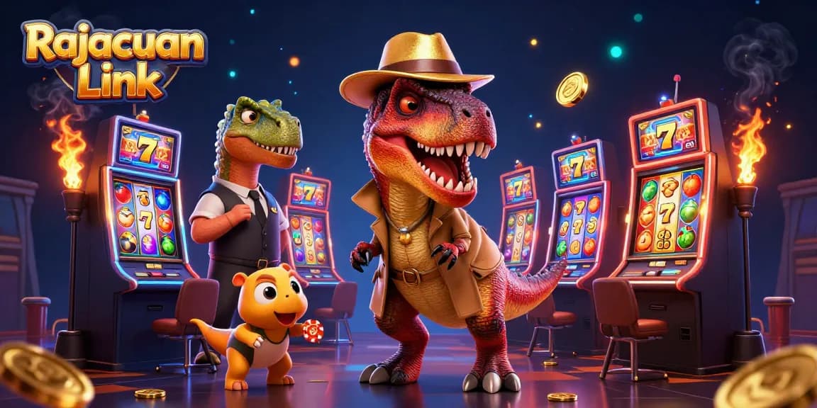 Gali kemenangan di Rajacuan Link dengan karakter kartun dan slot mesin penuh simbol berwarna-warni.