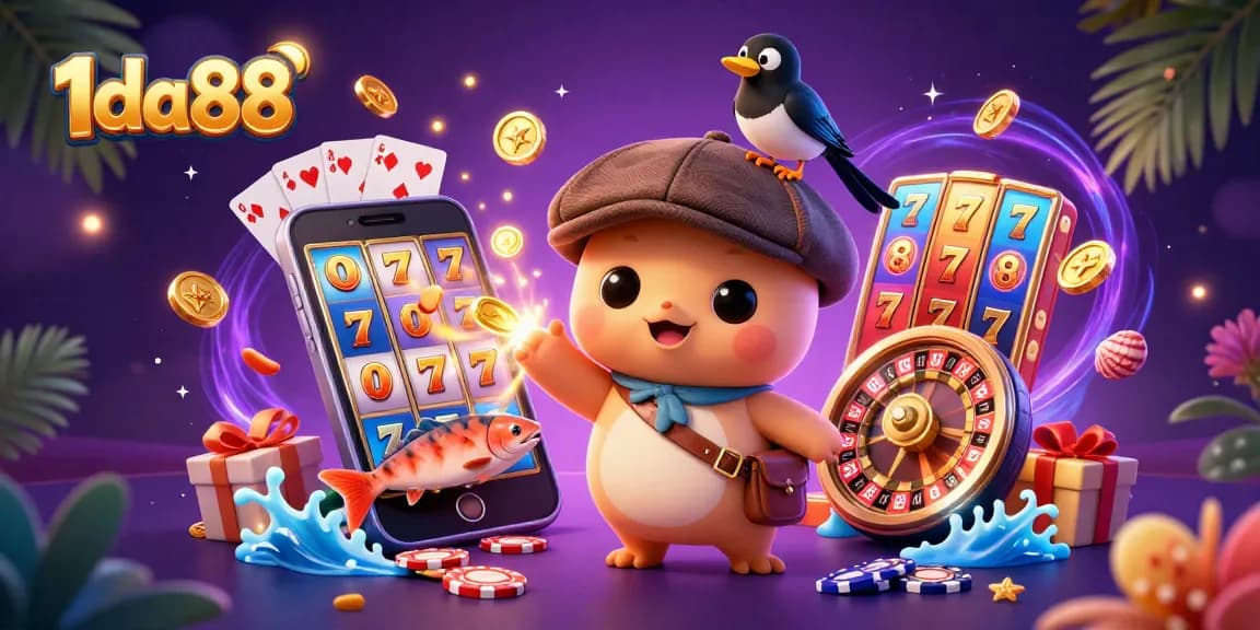 Experience the charm of 1da88 with playful Nessie and casino elements in a vibrant illustration.