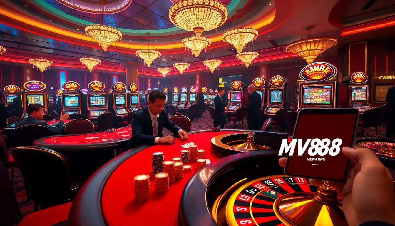 Action-packed gambling scene showcasing MV88 platform on a mobile device at a vibrant casino.
