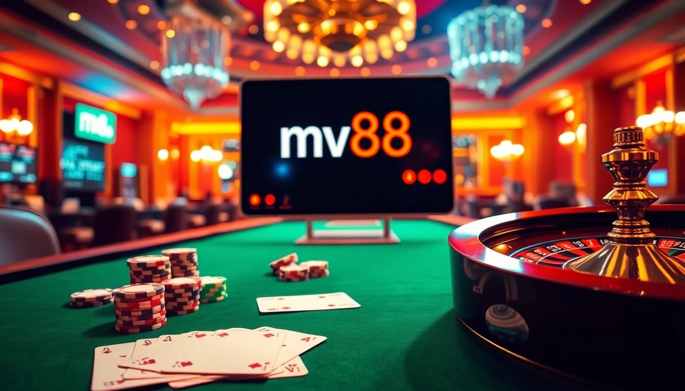 Exciting casino scene featuring mv88 on a digital interface, poker chips, and roulette wheel.