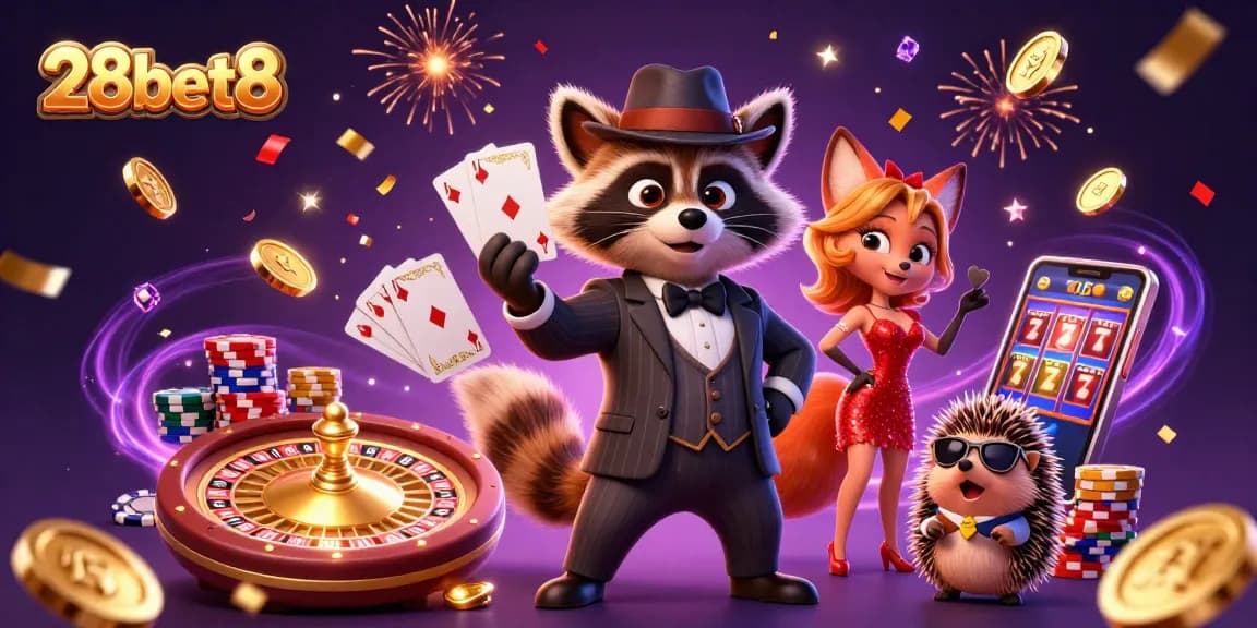 Spin and win at 28bet8 with the suave raccoon and glamorous fox in a vibrant casino scene.