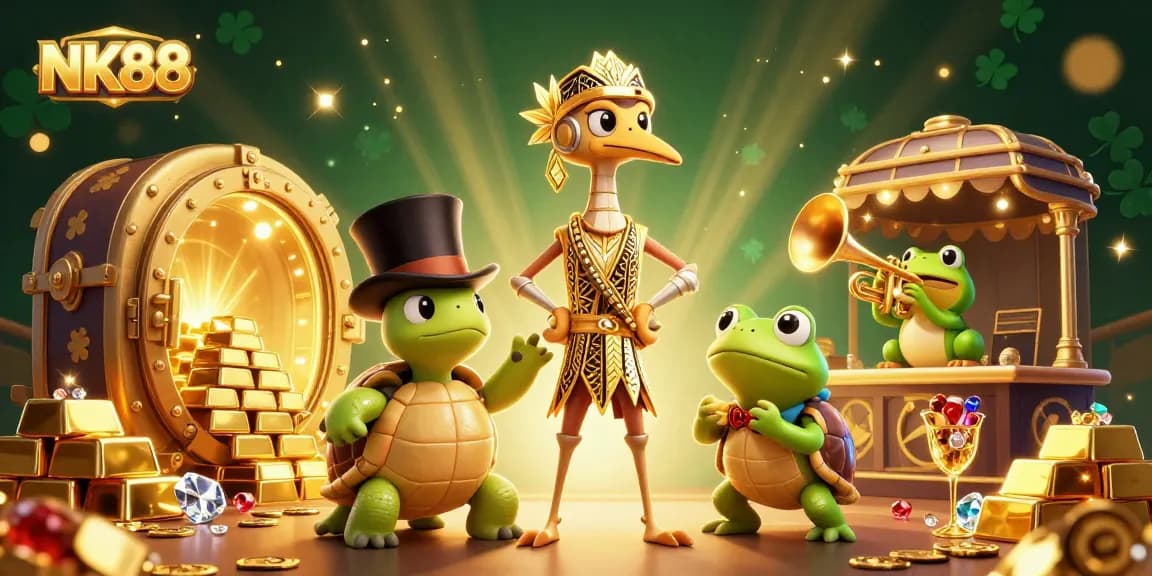 Experience the thrill at NK88's vibrant casino scene with gleaming treasures and engaging characters.