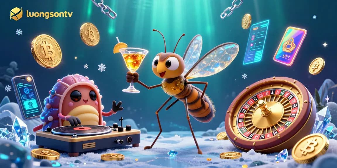 Experience thrilling action on luongsontv with a vibrant 3D casino scene featuring animated characters and crypto elements.