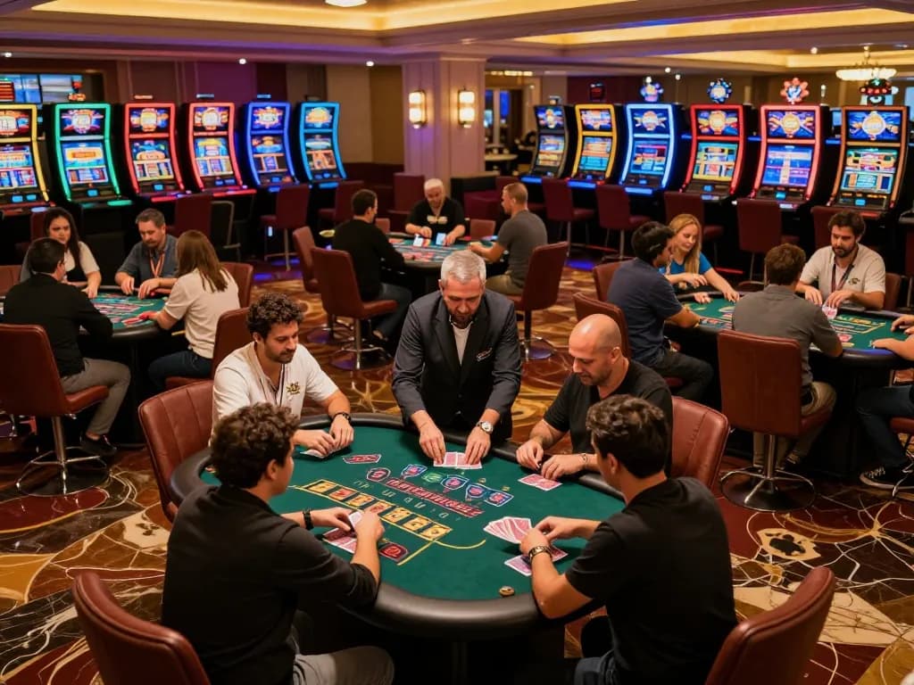Players engaged in high-stakes gameplay at SC88 casino tables, with dynamic action and warmth of the casino atmosphere.