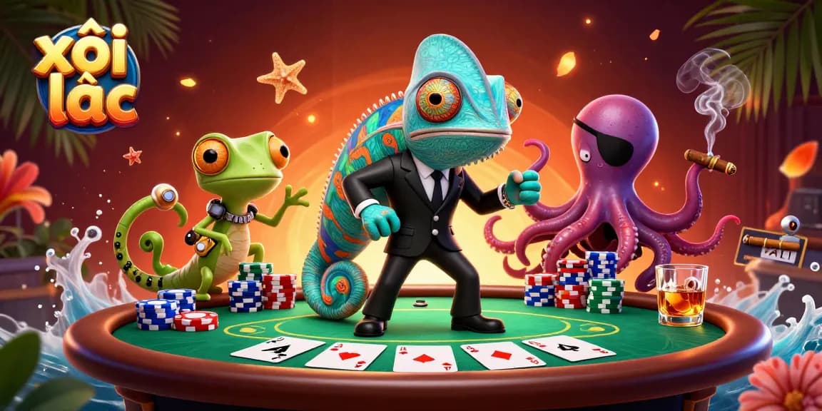 Xôi lạc showcases a dynamic poker scene with colorful chips and characters engaging in a game.